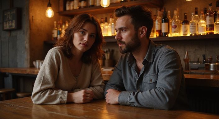 Ein Paar führt ein entspanntes Gespräch an einer Bar. Ein Paar führt ein entspanntes Gespräch an einer Bar.