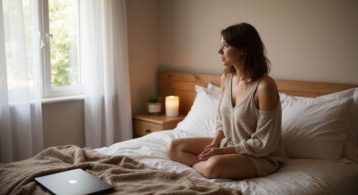 Ein gemütliches Schlafzimmer mit einem Bett, Bücher und Laptop. Ein gemütliches Schlafzimmer mit einem Bett, Bücher und Laptop.