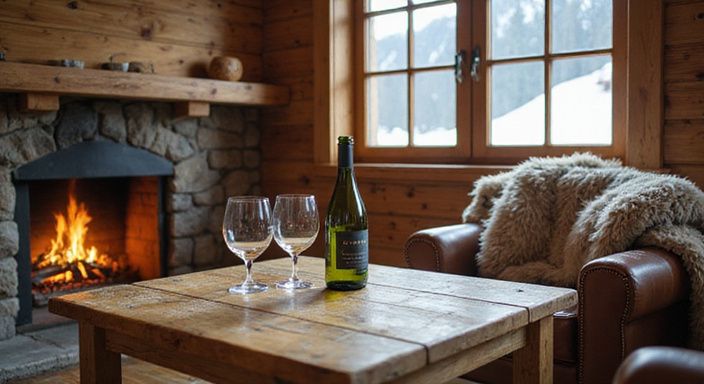 Alpine-Hütte mit Kamin, Weinflasche und gemütlicher, rustikaler Einrichtung. Alpine-Hütte mit Kamin, Weinflasche und gemütlicher, rustikaler Einrichtung.