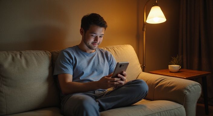 Eine Person entspannt auf einem Sofa und nutzt ihr Smartphone. Eine Person entspannt auf einem Sofa und nutzt ihr Smartphone.