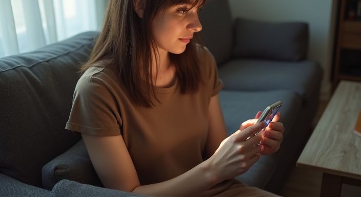 Eine Frau sitzt entspannt auf einem alten Sofa und nutzt ihr Smartphone. Eine Frau sitzt entspannt auf einem alten Sofa und nutzt ihr Smartphone uns suche Erotische Kontakte und Sex-Dating in Tirol.