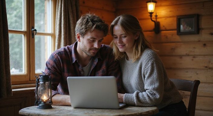 Ein Paar schaut konzentriert auf einen Laptop in einer gemütlichen Berghütte. Ein Paar schaut konzentriert auf einen Laptop in einer gemütlichen Berghütte und suche Erotische Kontakte und Sex-Dating in Tirol.