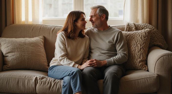 Ein Paar sitzt liebevoll auf einem Sofa in ihrem Wohnzimmer.