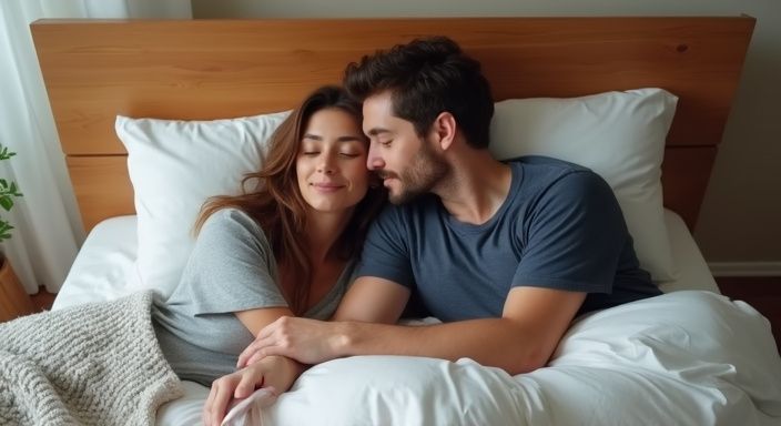 Ist Sex gesund für die Gesundheit? Ein Paar liegt entspannt und liebevoll in einem gemütlichen Schlafzimmer.