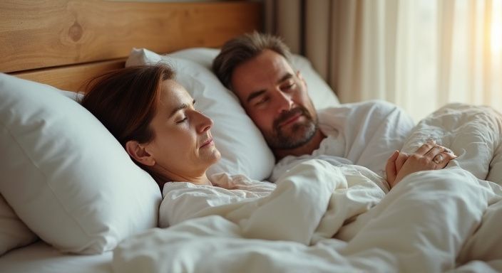 Ein älteres Paar liegt entspannt in einem großen Bett.