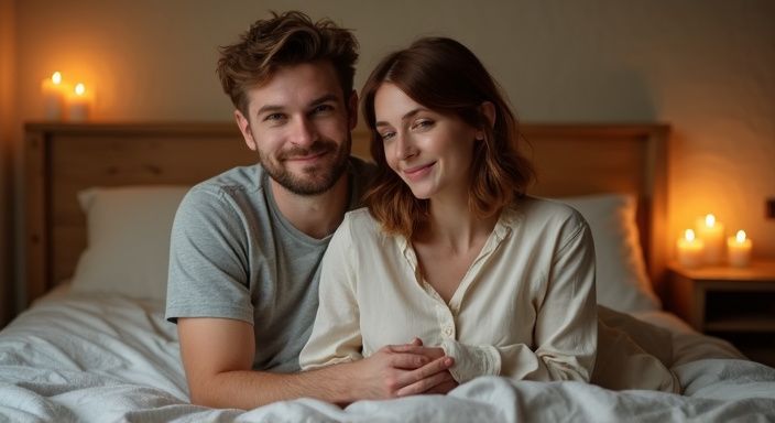 Ist Sex gesund für die Gesundheit? Ein Paar umarmt sich liebevoll in einem gemütlichen Schlafzimmer.