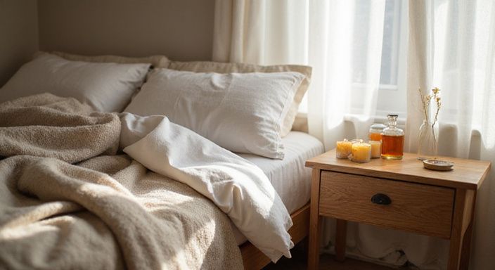 Ein einladendes Schlafzimmer mit gemütlicher Bettwäsche und dekorativen Elementen.