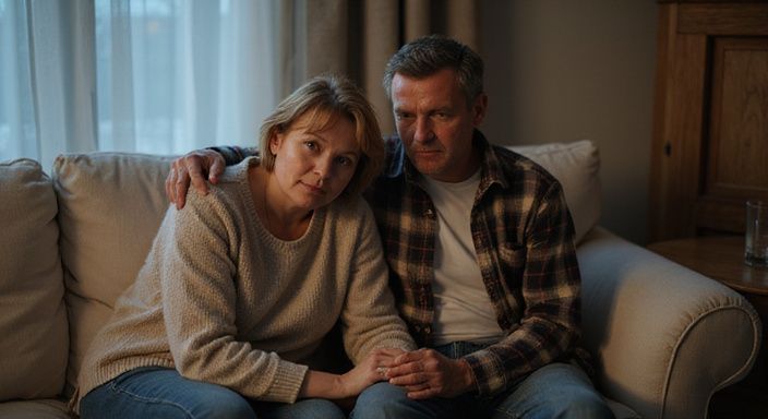 Ein nachdenkliches Paar sitzt eng zusammen auf einem Sofa.