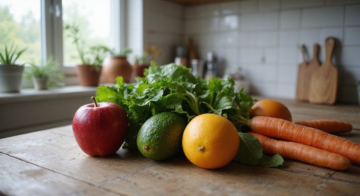Frisches Obst und Gemüse auf einer Holzküche.