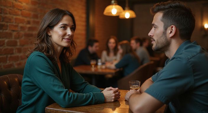 Eine Mitte-40-jährige Frau in einem eleganten Oberteil lächelt freundlich.