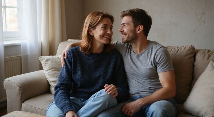 Eine Frau und ein Mann sitzen eng und lächeln freundlich auf einem Sofa.