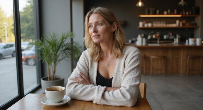 Reife Cougars Sexdates: Eine nachdenkliche Frau sitzt allein in einem modernen Café.