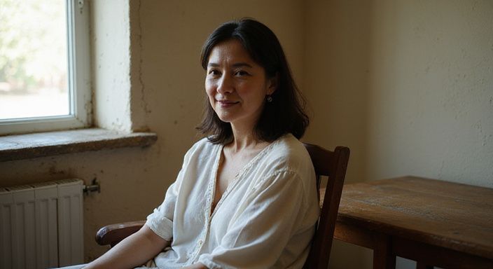 Eine selbstbewusste Frau sitzt entspannt in einem schlichten Raum.