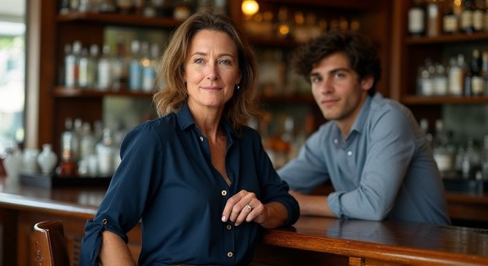 Eine Frau sitzt entspannt an einer Bar, während ein Mann zuhört.