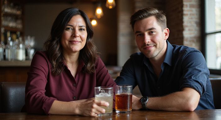 Eine Frau und ein Mann unterhalten sich an einer stilvollen Bar und wollen Reife Cougars Sexdates.