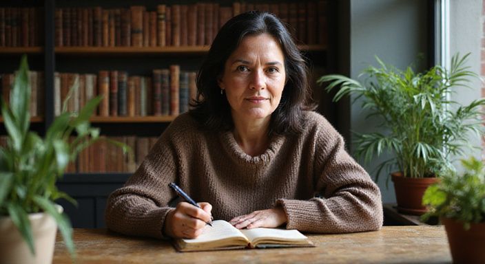 Eine nachdenkliche Frau schreibt in einem Journal in einem Café.