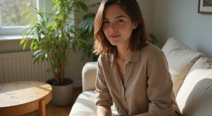 Eine junge Frau sitzt entspannt auf einem hellen Sofa.