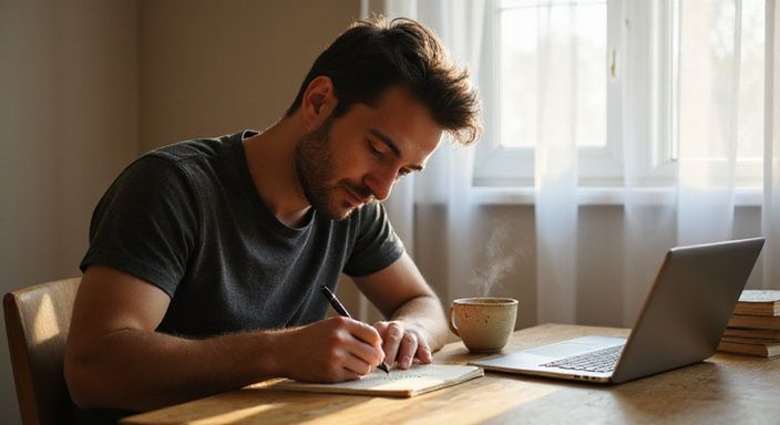 Ein Mann schreibt konzentriert in ein Notizbuch an einem Schreibtisch.