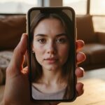 Ein Smartphone zeigt das Profilbild einer entspannten jungen Frau.