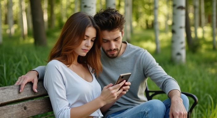 Ein Paar betrachtet konzentriert ein Dating-Profil auf ihrem Smartphone.