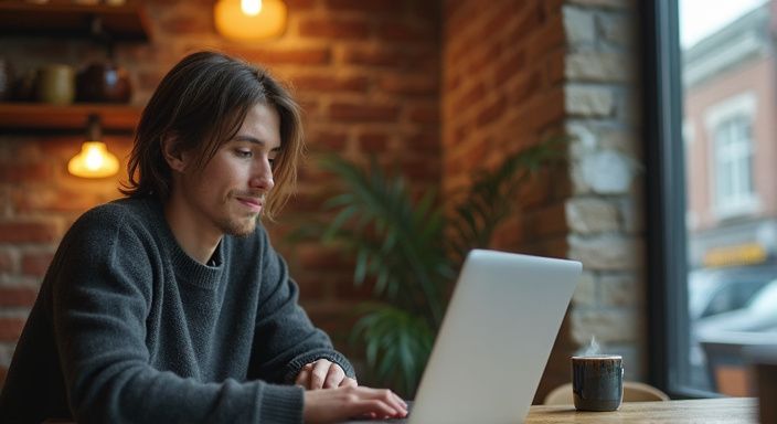 Eine Person sitzt entspannt an einem Tisch in einem Café.