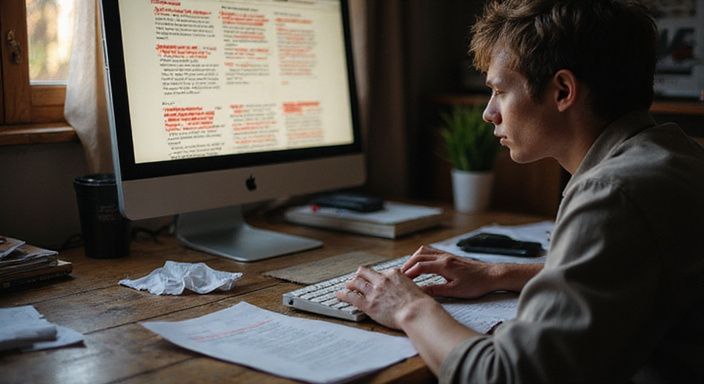 Ein unordentlicher Schreibtisch mit einem konzentrierten Menschen am Computer.