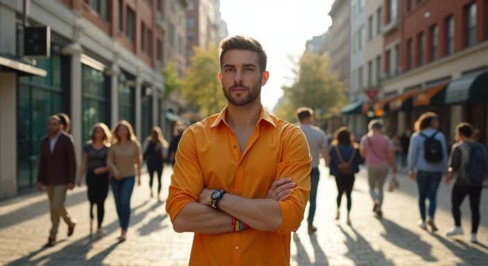 Ein nachdenklicher Mann in einem urbanen, geschäftigen Platz.