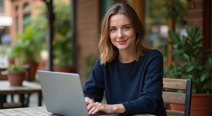 Eine Frau bearbeitet konzentriert ihr Dating-Profil in einem Café.