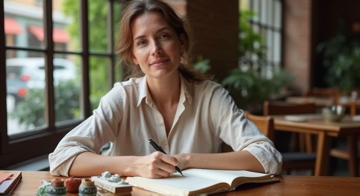 Eine Frau schreibt in einem Café über ihre Marokko-Reise.