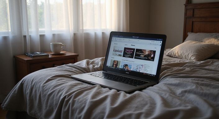 Ein Bett mit einem Laptop und BDSM-Websites für bdsm sexkontakte auf dem Bildschirm.
