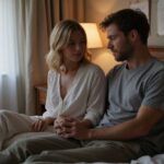 Ein Paar sitzt vertraut im Schlafzimmer mit BDSM Ausrüstung