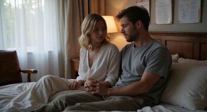 Ein Paar sitzt vertraut im Schlafzimmer mit BDSM Ausrüstung