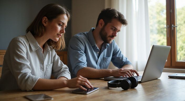 Ein Paar arbeitet konzentriert an einem Holztisch mit Laptops.