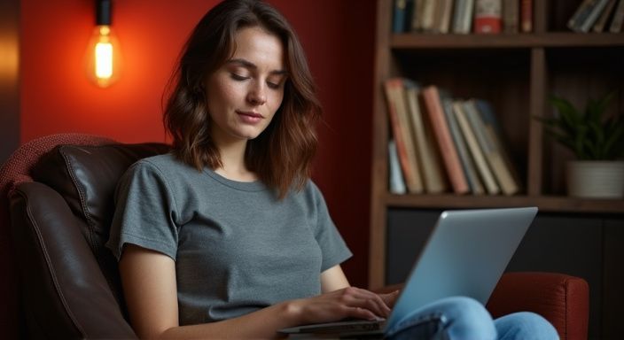 Eine Frau in einem Ledersessel, sucht auf ihren Laptop bdsm sexkontakte.