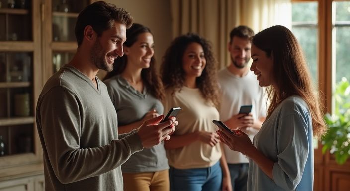 Eine Gruppe von Erwachsenen tauscht Kontakte in einem Wohnraum aus