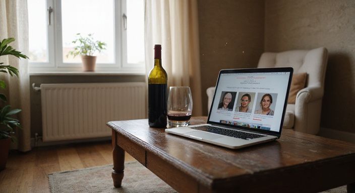 Ein einladendes Wohnzimmer mit einem Wein, Laptop und gemütlichen Möbeln.