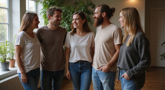 Fünf Erwachsene stehen entspannt zusammen und suchen swingers sexkontakte.