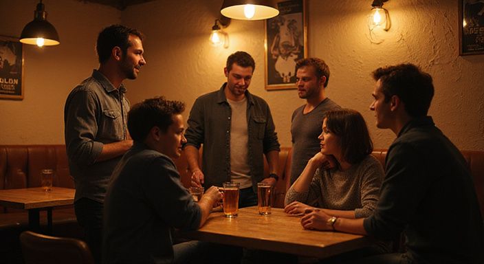 Eine Gruppe von Erwachsenen genießt angeregte Gespräche in einem gemütlichen Club