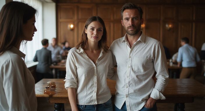 Ein Paar in eleganter Kleidung genießt eine intime Veranstaltung.