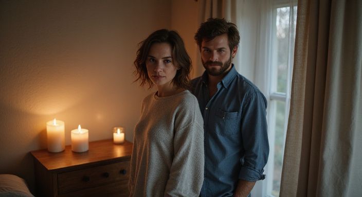 Ein Paar steht eng umschlungen in einem warmen Schlafzimmer.