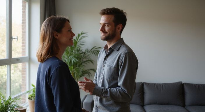 Ein Paar in einem modernen Apartment führt ein entspanntes Gespräch.