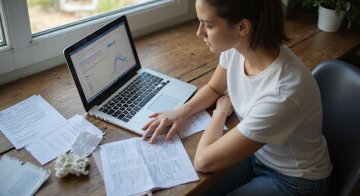 Eine junge Frau arbeitet konzentriert an ihrem Schreibtisch mit Laptop. Eine junge Frau arbeitet konzentriert an ihrem Schreibtisch mit Laptop.