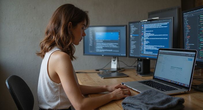 Eine junge Frau arbeitet konzentriert an ihrem Laptop mit Webcam-Schutz. Eine junge Frau arbeitet konzentriert an ihrem Laptop mit Webcam-Schutz.