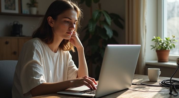 Eine Frau arbeitet konzentriert an ihrem Laptop am Schreibtisch. Eine Frau arbeitet konzentriert an ihrem Laptop am Schreibtisch.