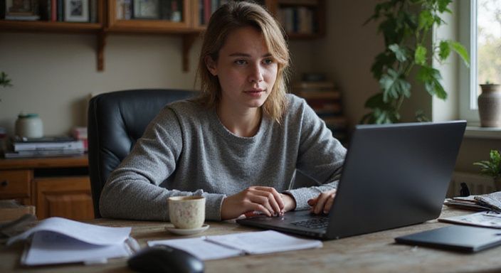 Eine Frau arbeitet konzentriert an einem modernen Laptop in einem chaotischen Büro. Eine Frau arbeitet konzentriert an einem modernen Laptop in einem chaotischen Büro.