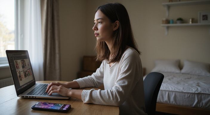 Eine Frau konzentriert sich auf das Streaming an einem Schreibtisch. werde ein Webcam-Model: Eine Frau konzentriert sich auf das Streaming an einem Schreibtisch.