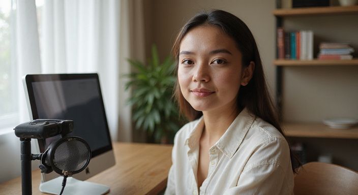 Eine junge Frau sitzt an einem Schreibtisch und interagiert online. werde ein Webcam-Model: Eine junge Frau sitzt an einem Schreibtisch und interagiert online.