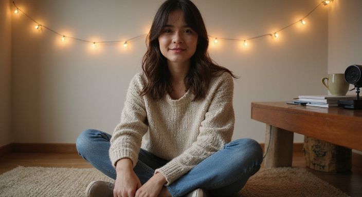 Junge Frau sitzt lächelnd im Schlafzimmer mit Laptop und Notizen