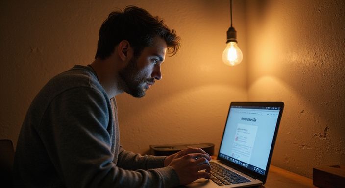 Ein nachdenklicher Mann sitzt an einem Schreibtisch und betrachtet eine Webseite.