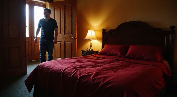 Ein einfaches Schlafzimmer mit einem Bett und einer offenen Tür.